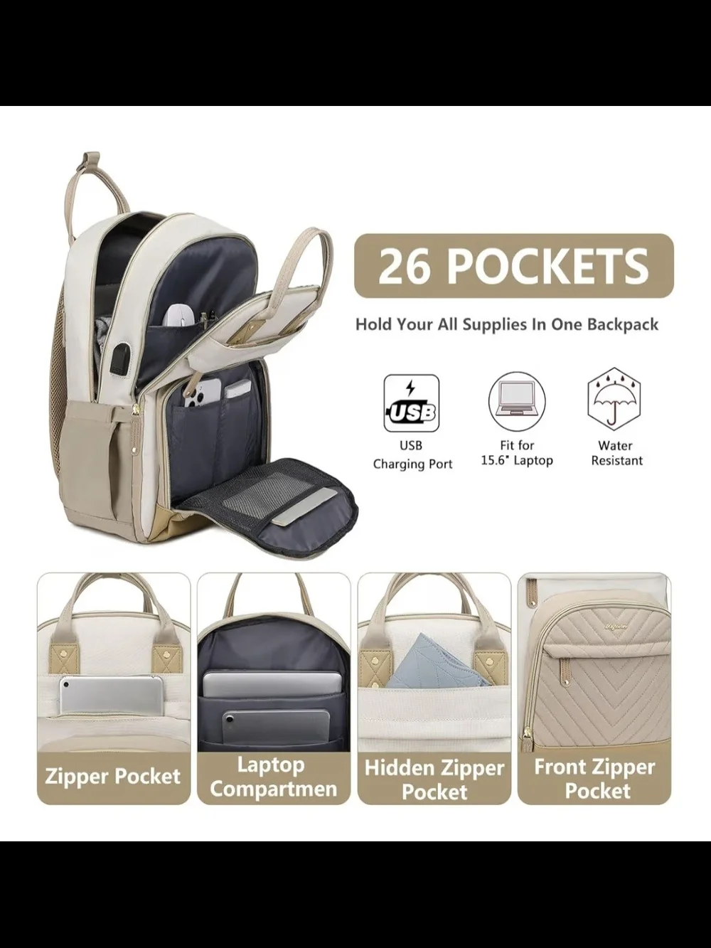 Women's Cream & Tan Travel Backpack